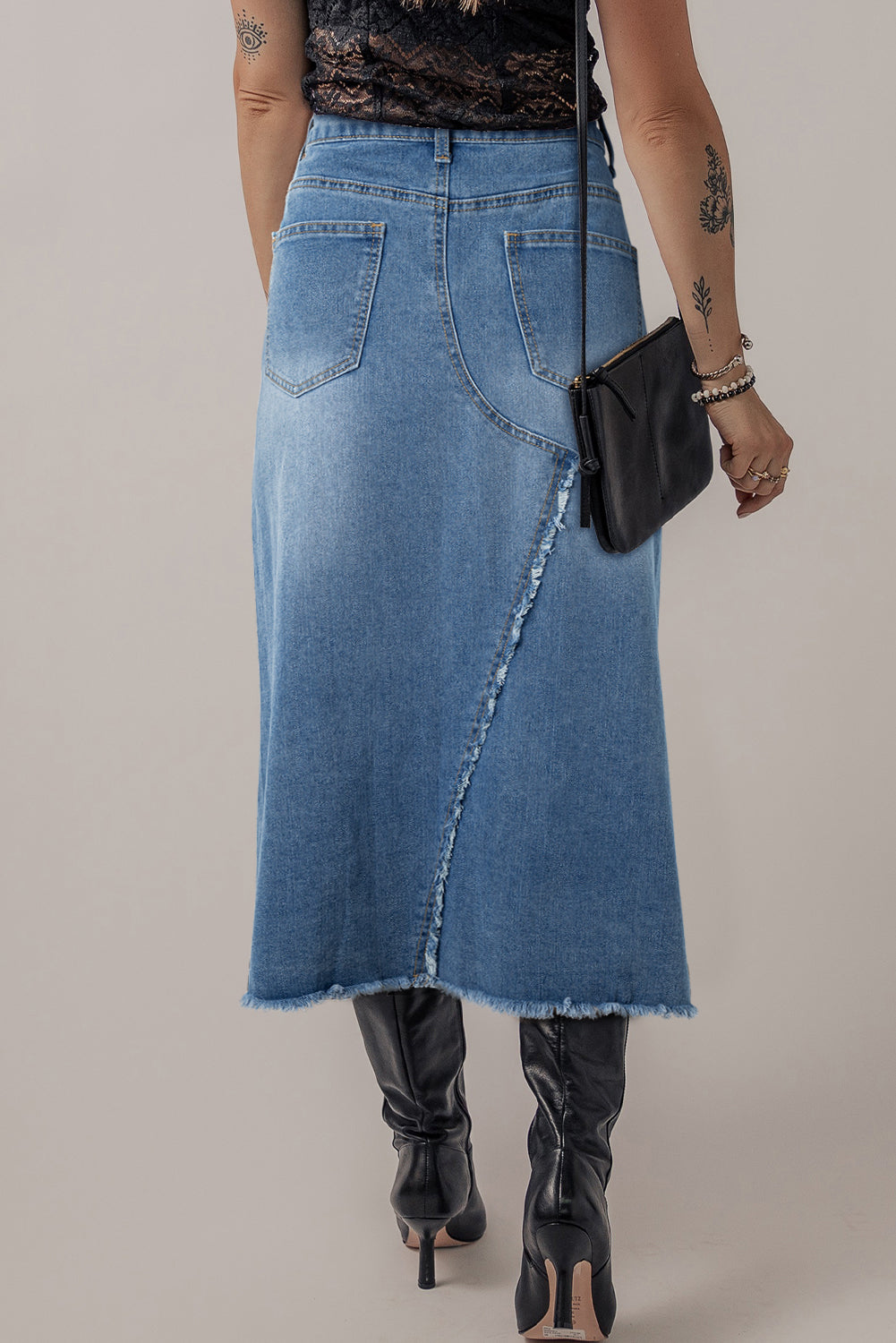 Light Blue Frayed Slit Asymmetric Denim Midi Skirt