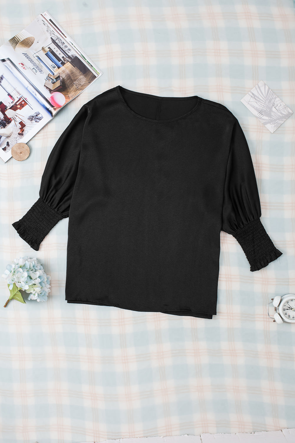 Black Shirred Dolman Sleeve Satin Blouse