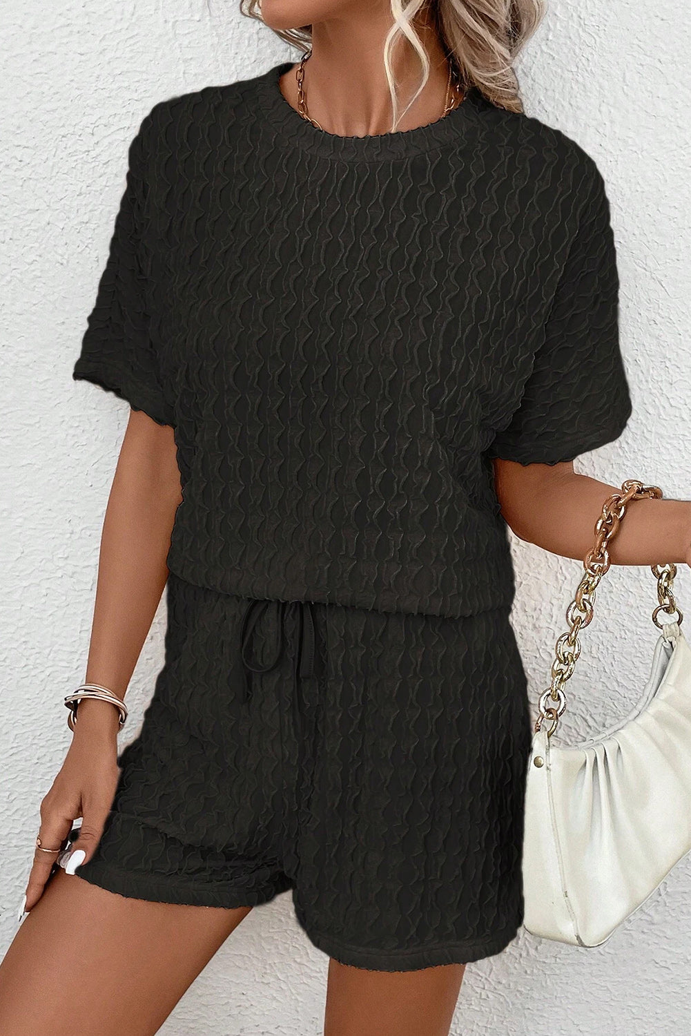 Black Textured Short Sleeve Top and Drawstring Shorts Set