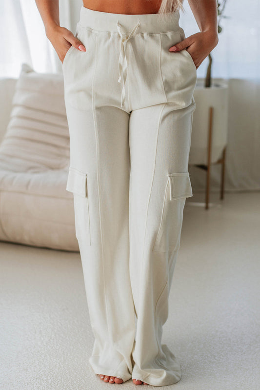 Pantalon de survêtement décontracté taille haute à poches cargo beige uni