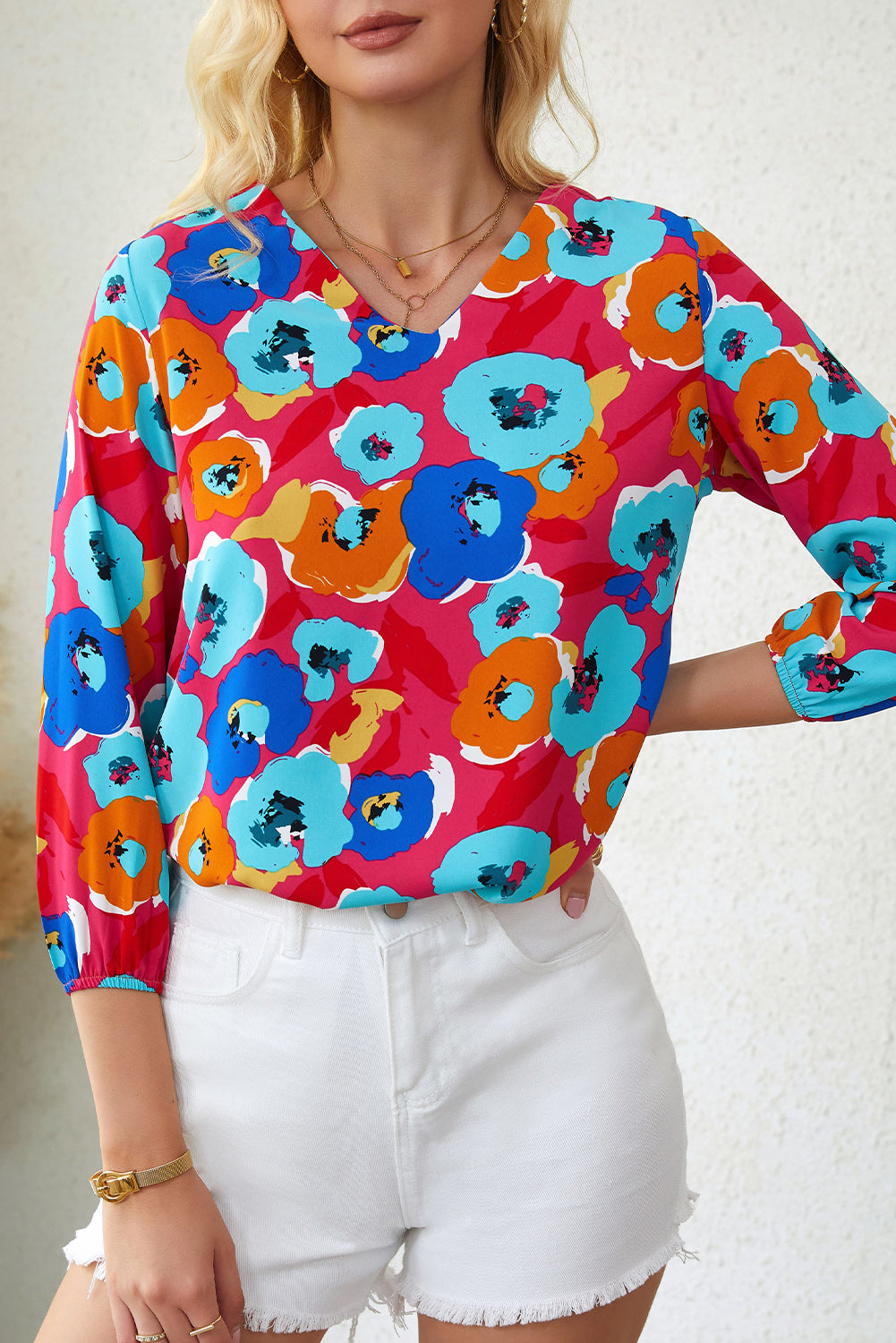 Rose Multicolor Floral Imprime en V Neck 3/4 Blouse à manches