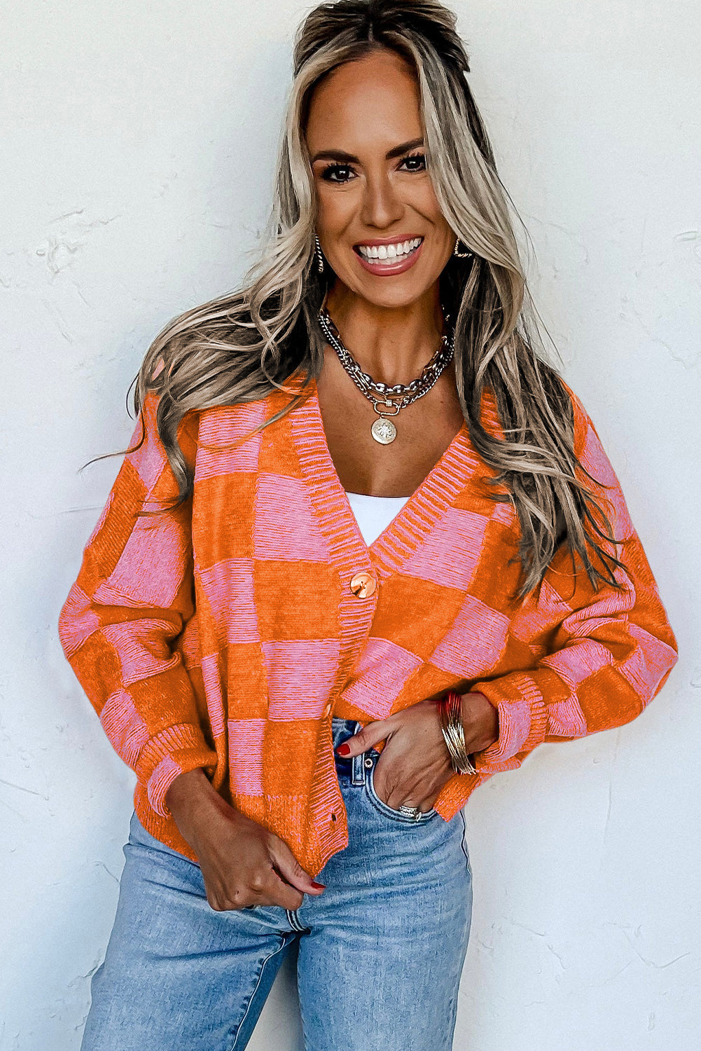 Cardigan orange à carreaux et épaules tombantes boutonné à col en V-A WOMAN WE LOVE
