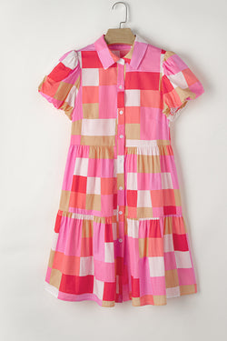 Pink Plaid Print Puff Sleeve Buttoned Ruffle Dress