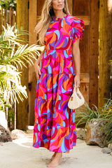 Robe Longue Imprimée Abstraite à Volants *