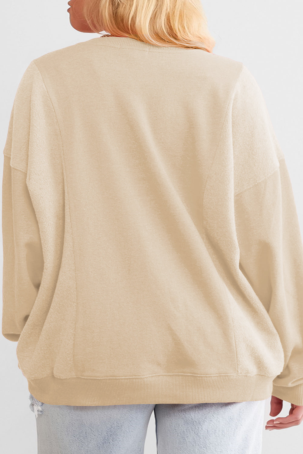 Plus Size Loose Crew Neck Patchwork Sweatshirt Apricot