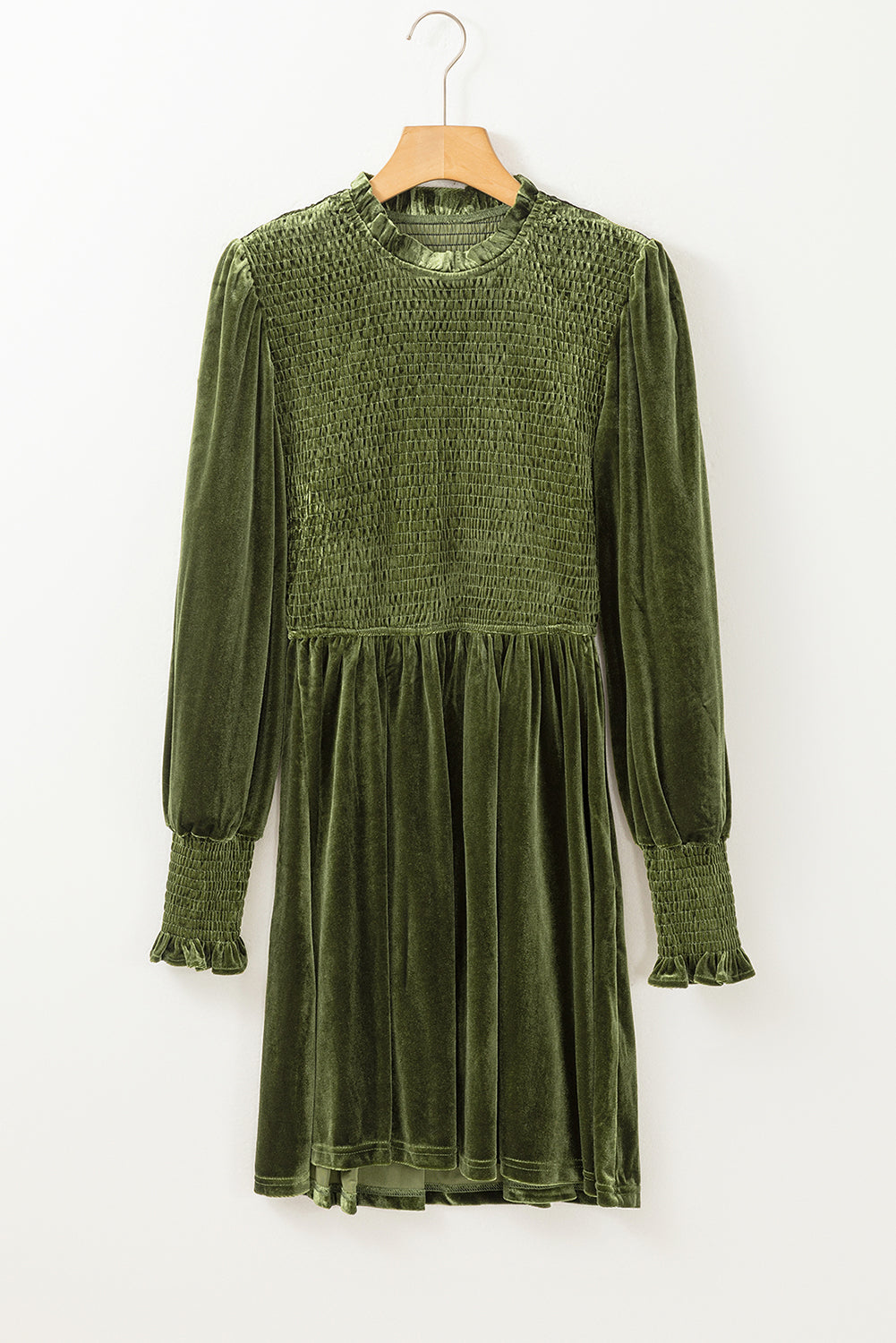 Moss Green Frilled Frilled Bodice Smiked Stod Velvet Dress