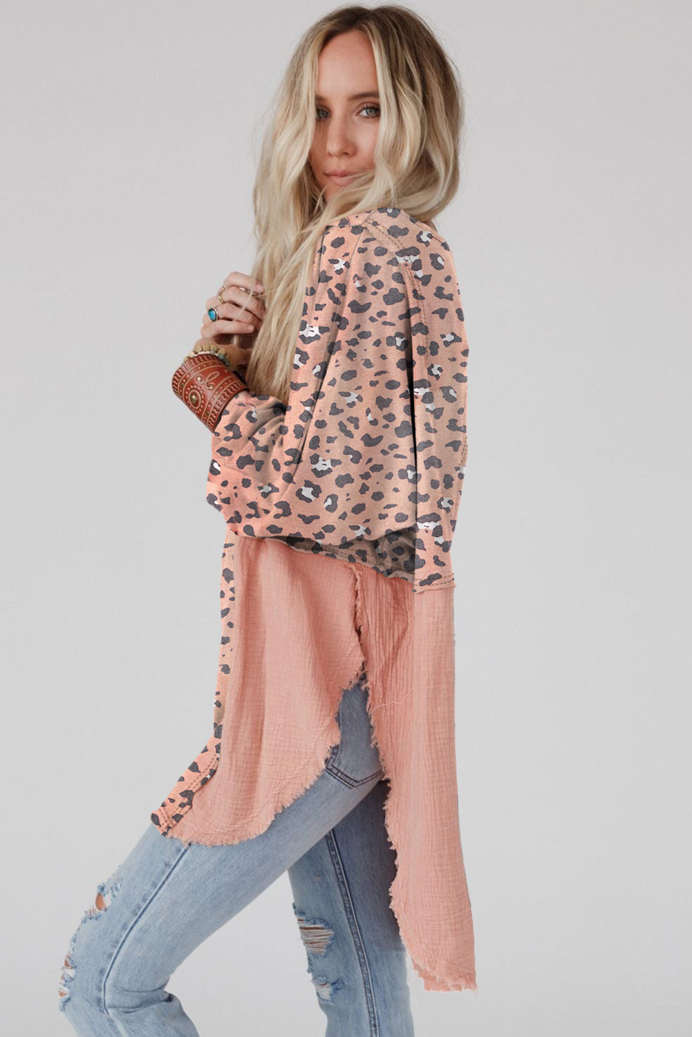 Pink Raw Edge Leopard Patchwork Oversized Blouse