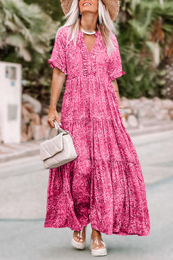 Vestido largo con volantes y varios niveles de estilo impresos en color rosa imprimido bohemio