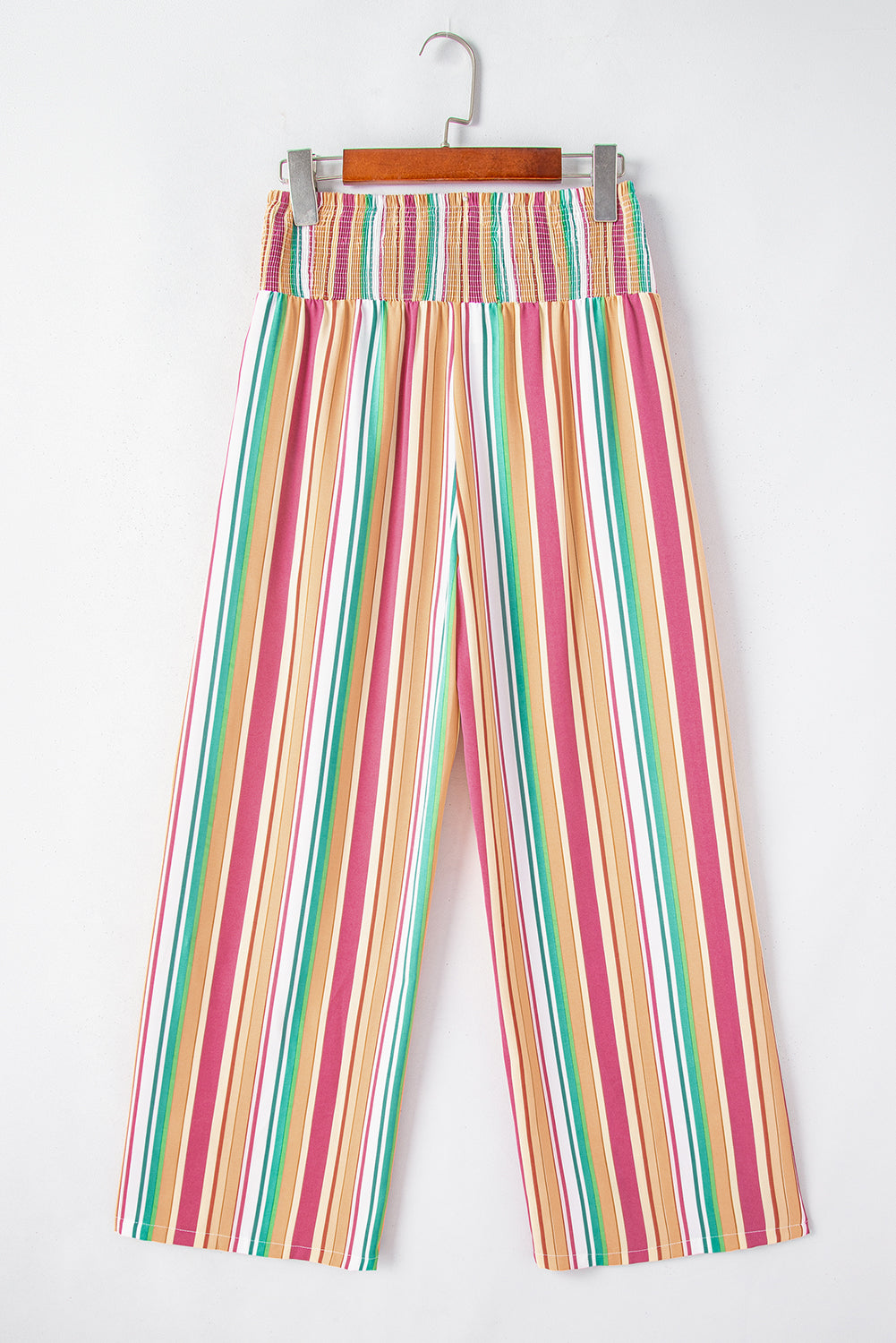 Pantalon large smocké à rayures multicolores taille haute