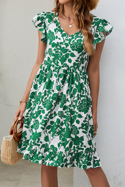 Dark green leaf print v-neck dress with flutter sleeves