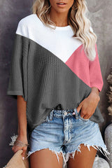 T-shirt with mid-long sleeve in embodied knitting color block pink strawberry