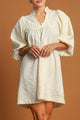 White textured floral dress, bubble sleeves, ruffles, notched collar