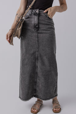 Dark gray long waist skirt with raw hem and slot in the back