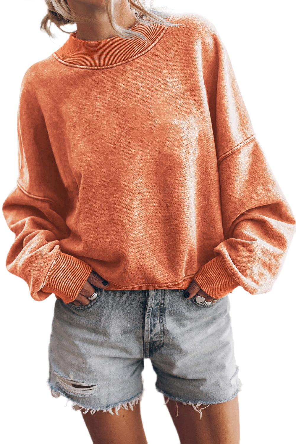 Orange Drop Schulter -Crew -Nackenpullover Sweatshirt