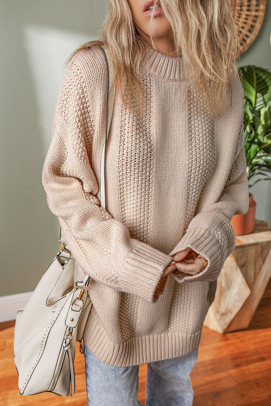 Solid Color Pale Khaki Cable Knit Ribbed Loose Sweater