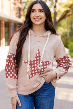 Star Pattern Drawstring Hoodie with Delicate Floral Patchwork