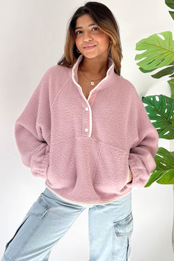 Fushia Plush Sweatshirt with Stand-Up Collar and Half-Button Zip Pocket