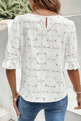 Blanco con mangas de volante y orificio de bloqueo Jacquard con ojales y flores