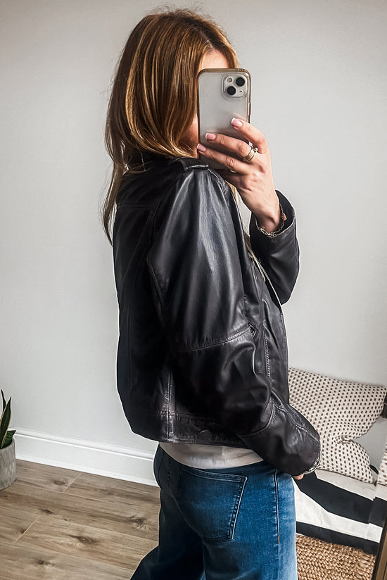 Veste zippée à col à revers en cuir PU noir