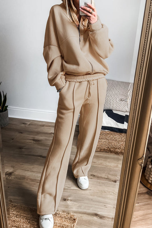 Apricot Plain Stitch Zip-Up Jacket and Drawstring Waist Pants Set