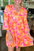 Orange dress with abstract print and ruffled sleeves, V-neck