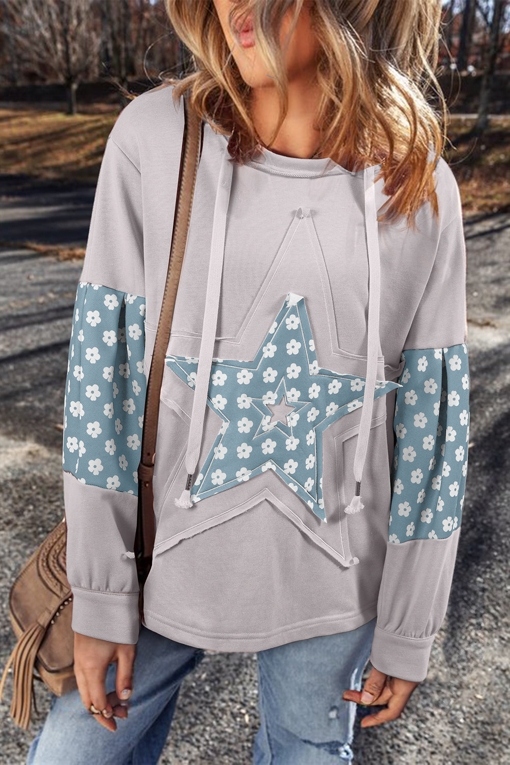 Beau Blue Floral Patchwork Star Print Drawstring Hoodie