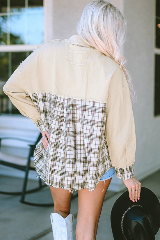 Khaki distressed denim jacket with plaid and patchwork with raw edges