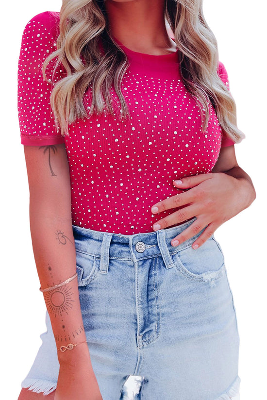 Body with short sleeves and round neck with pink rhinestones *