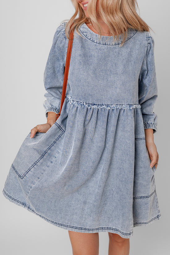 Beau Blue - High Waisted Denim Mini Dress in Light Wash, Loose Fit