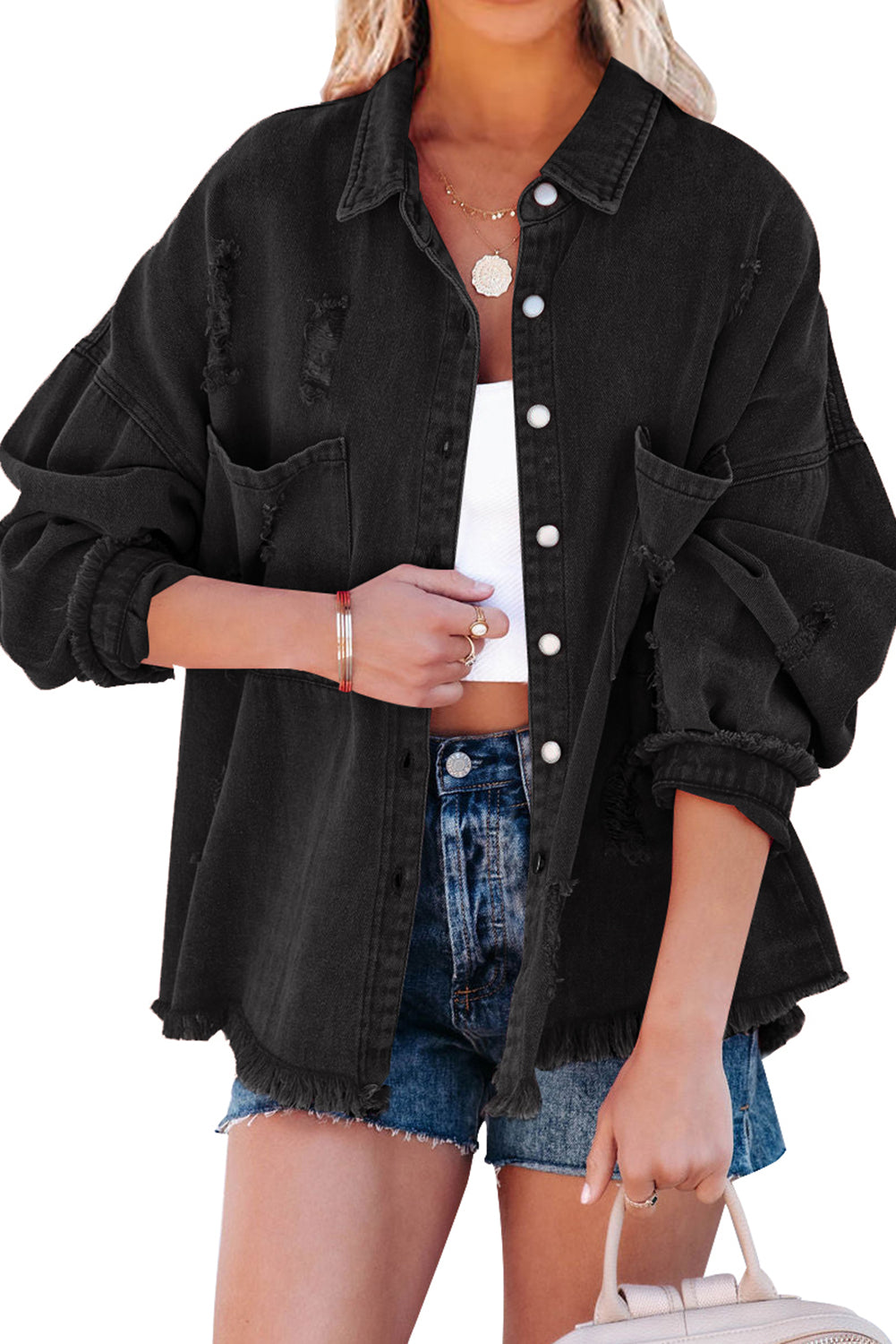 Veste en jean noire effet vieilli à franges