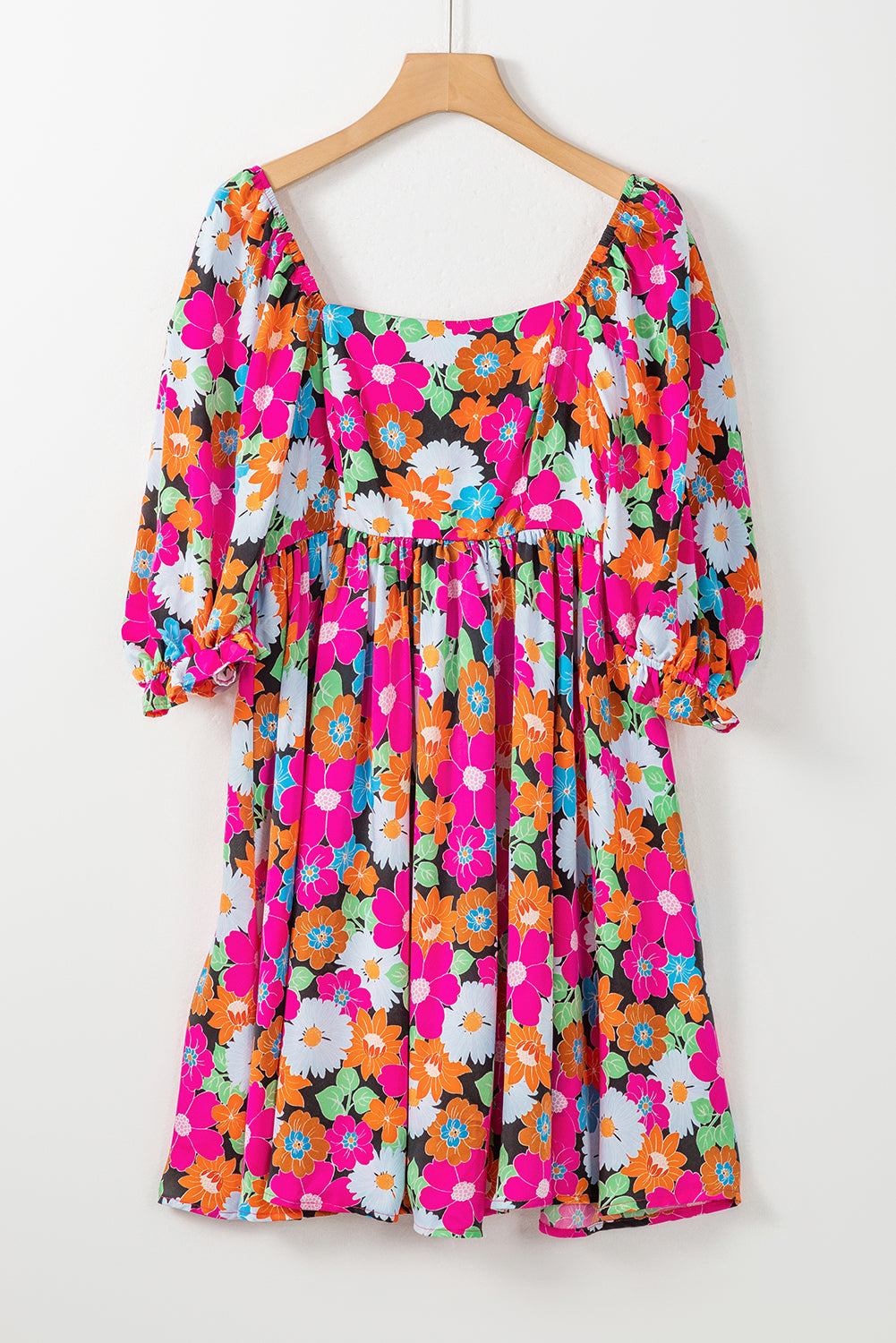 Pink floral print dress, square neck, short puff sleeves