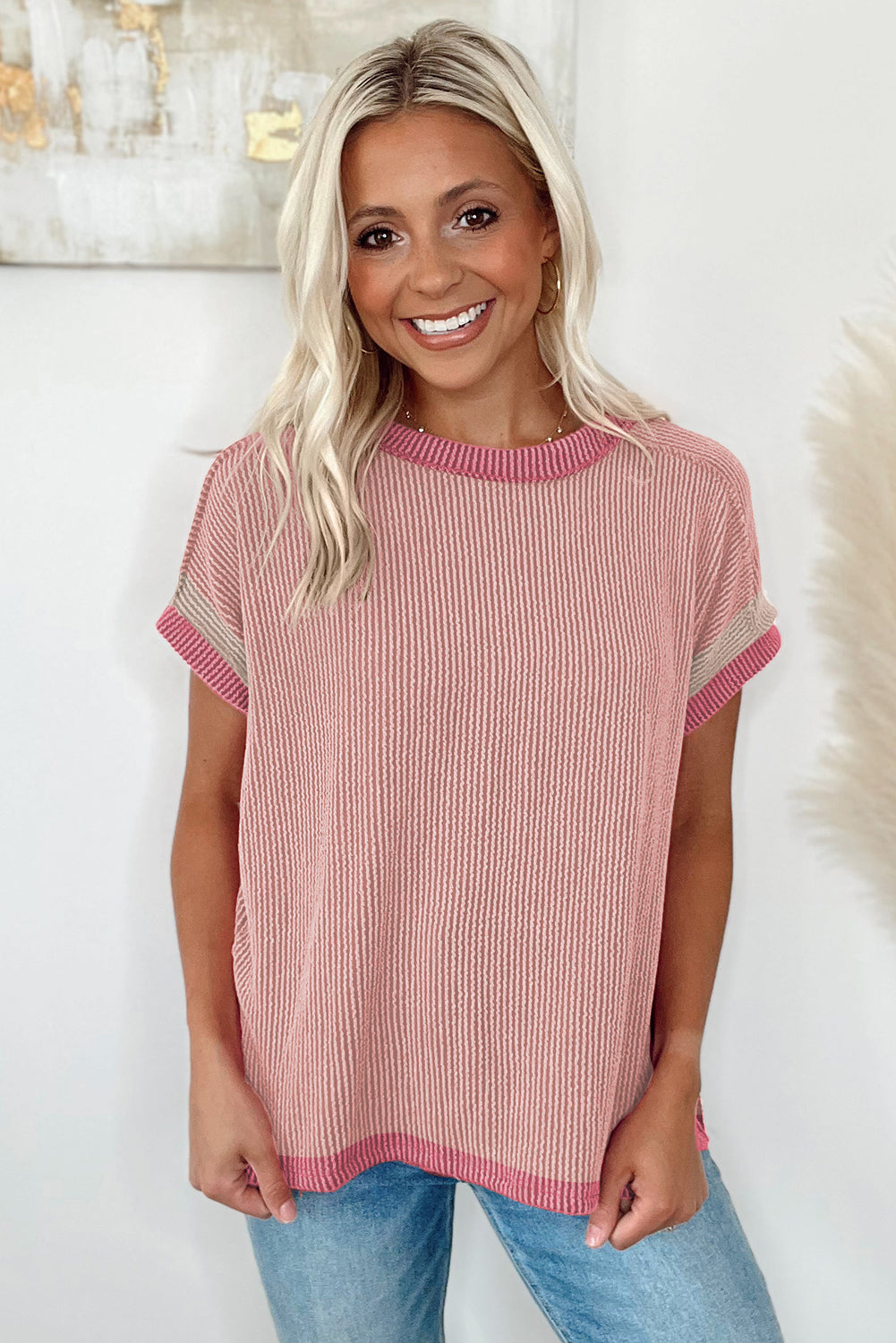 Light Pink Textured Contrast Trim Round Neck T Shirt