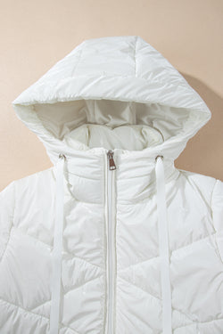 White Solid Quilted Hooded Zip Up Puffer Coat