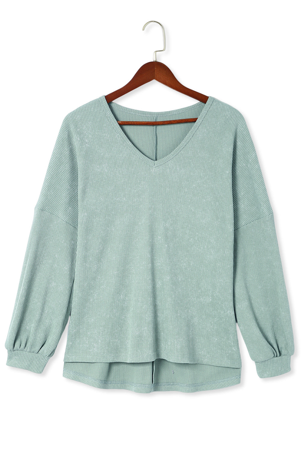 Green Waffle Knit V Neck Long Sleeve Loose Tunic Top