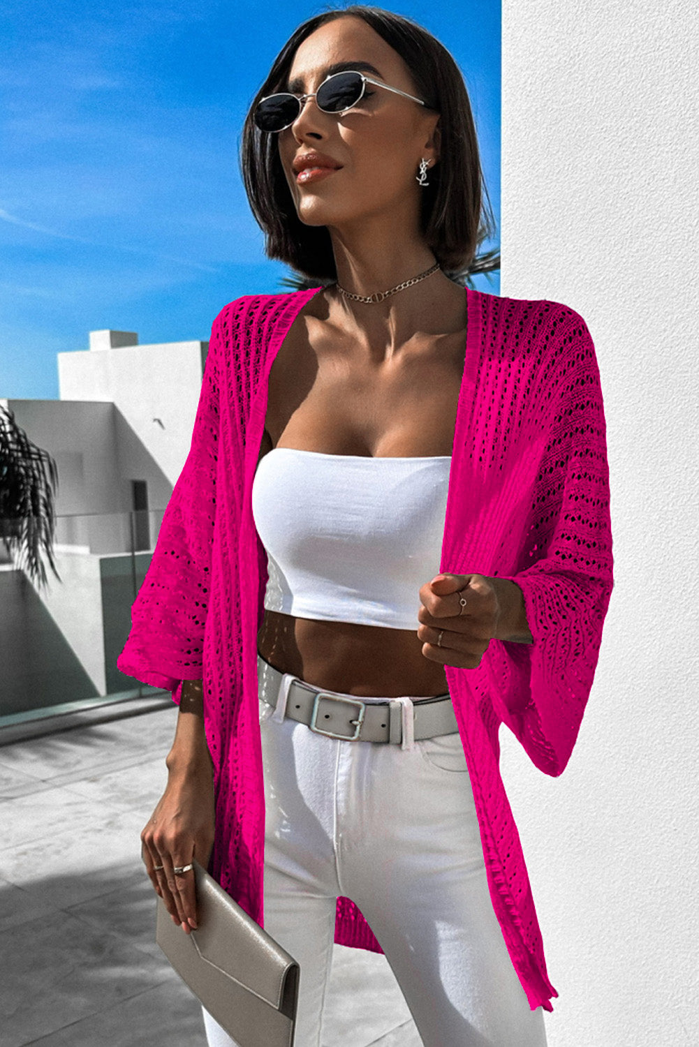 Cardigan en tricot à manches bracelet ajouré rose-A WOMAN WE LOVE