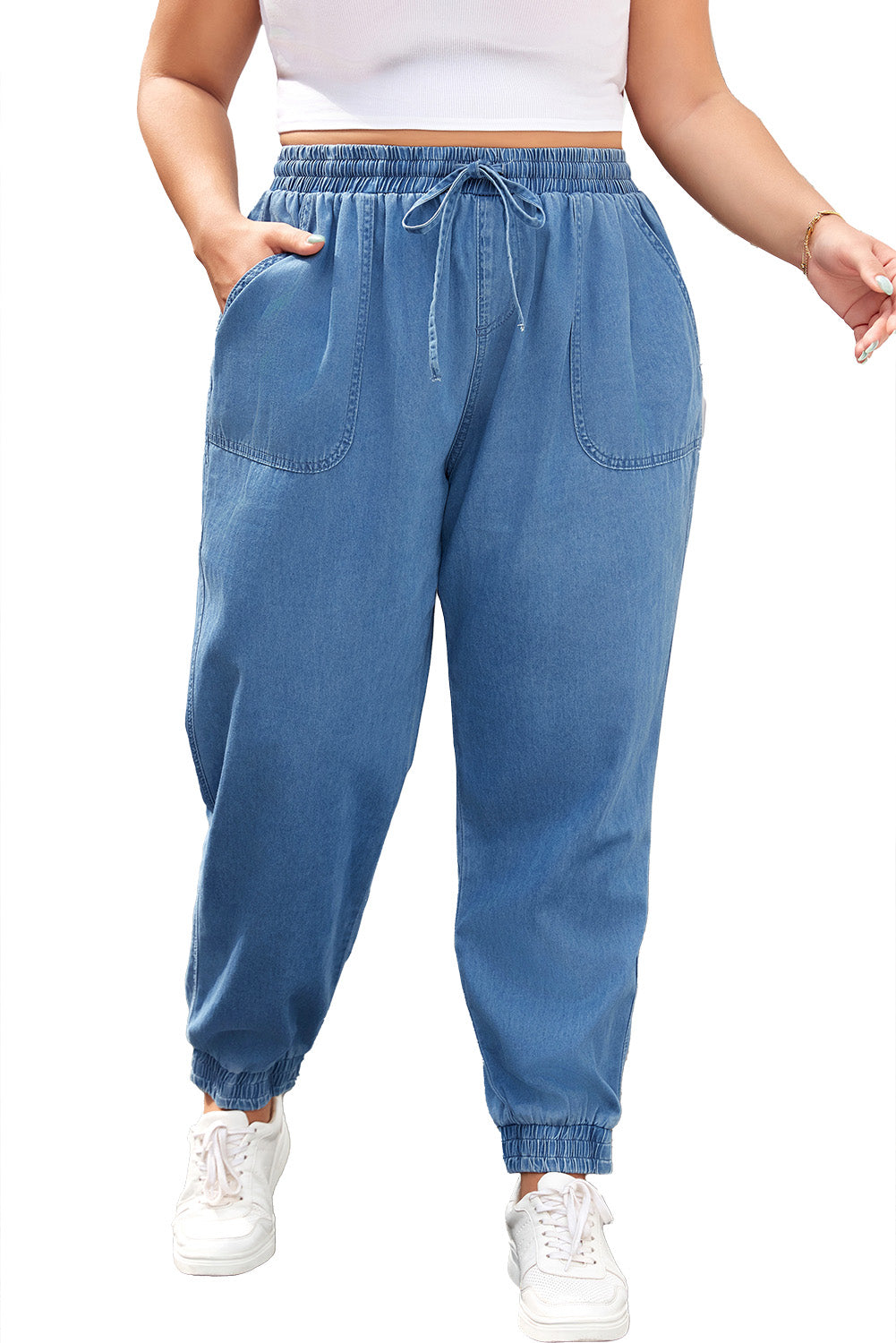 Dusk Blue Denim Jogger Pants with Waist Pockets and Oversized Drawstring