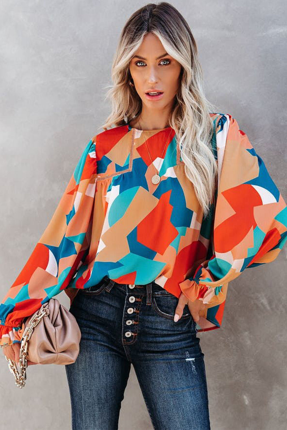 Multicolore Abstract Pattern Crewnack Clewle Sholeve Blouse