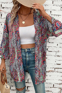 Red open front kimono with paisley print