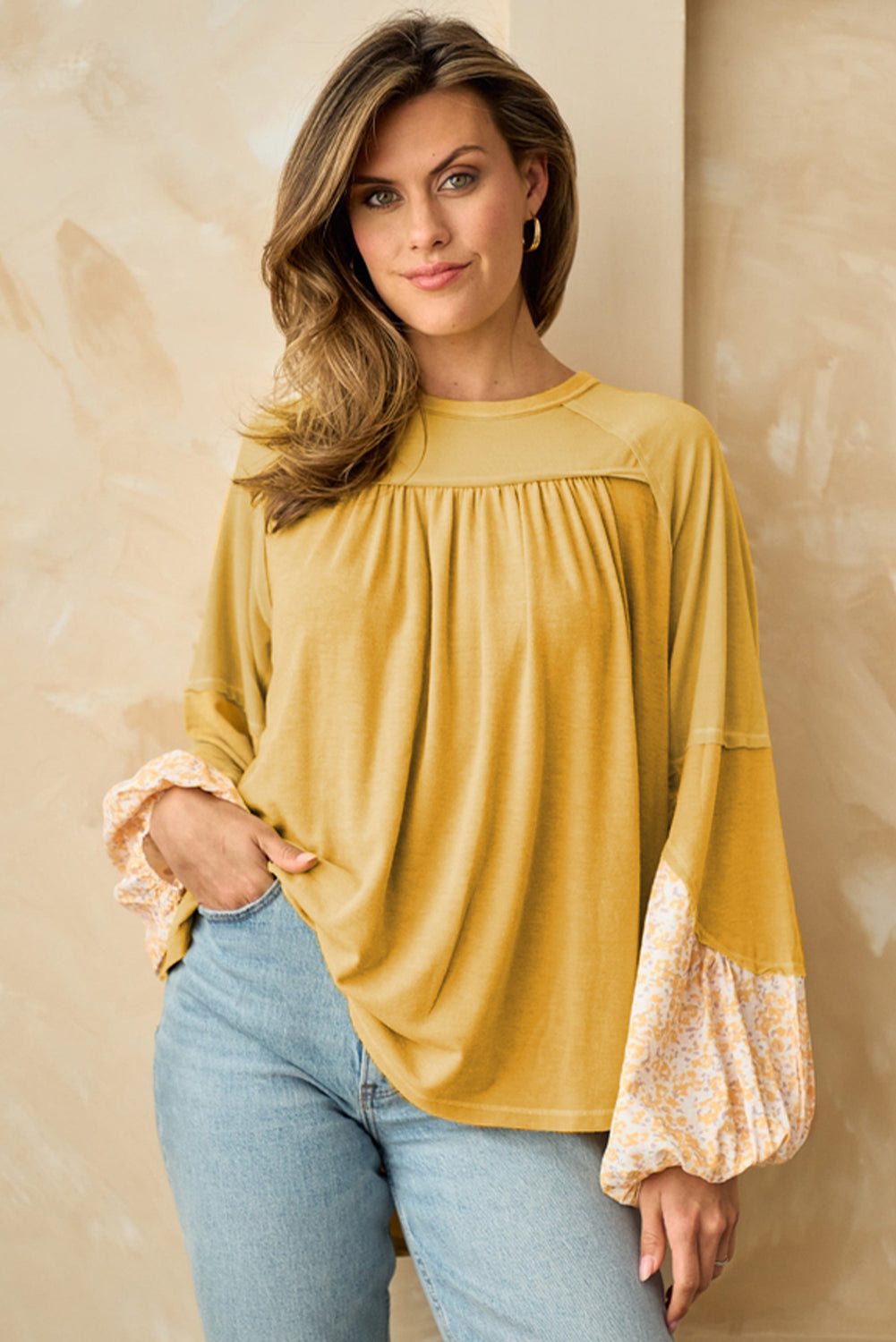 Beige Floral Colorblock Balloon Sleeve Exposed Seam Top