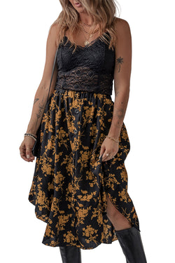 Falda de volante floral estampado elástico y botones negros