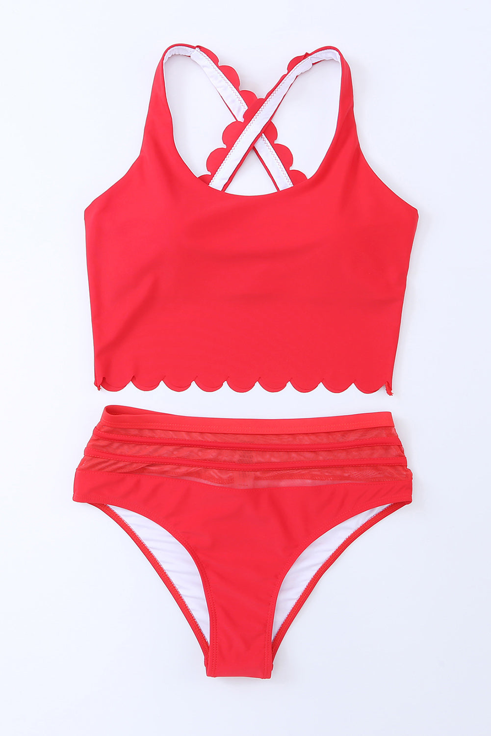 Bikini taille haute croisé festonné rouge ardent