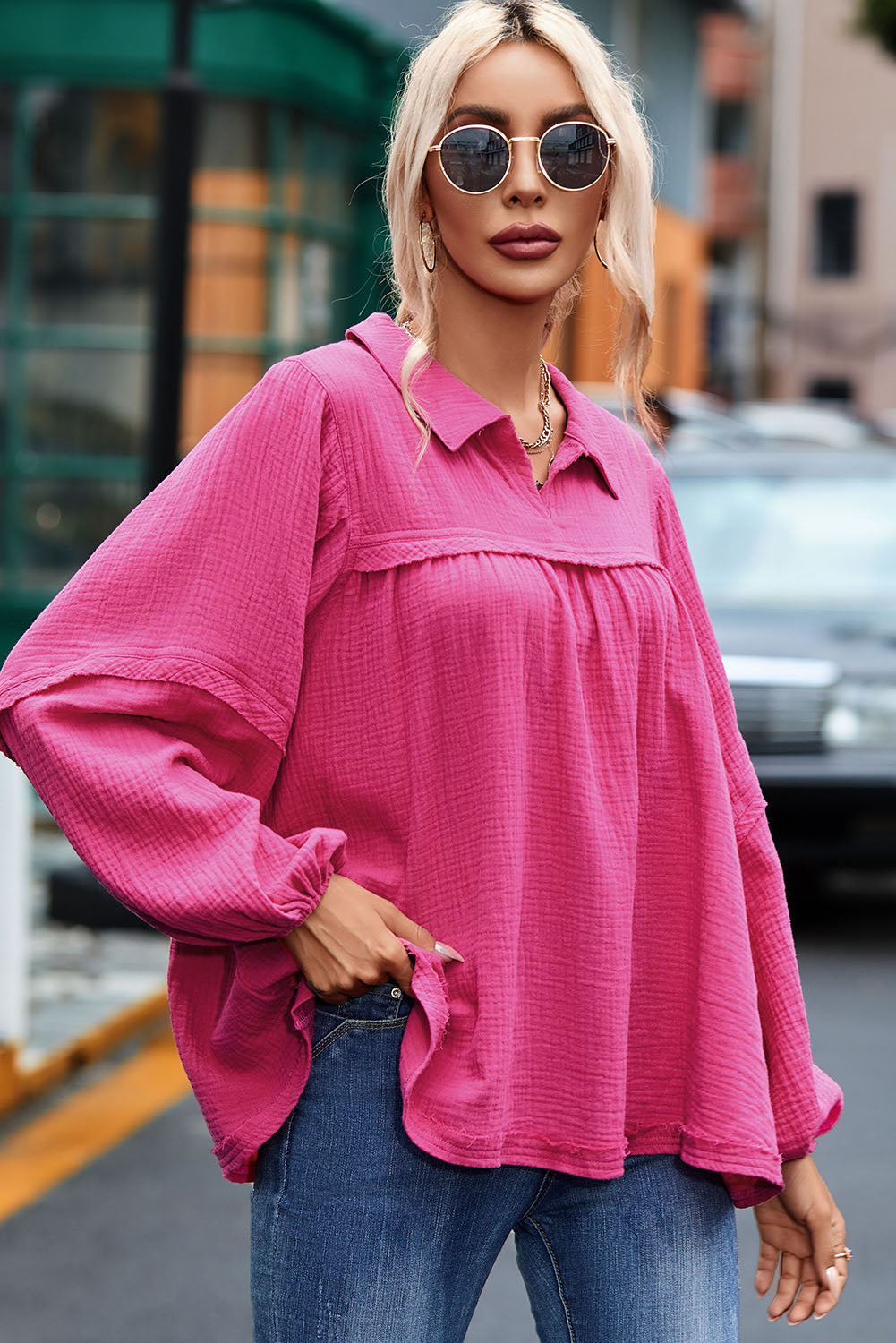 Rose Crinkle Collared V-Neck Bubble Sleeve Flowy Blouse