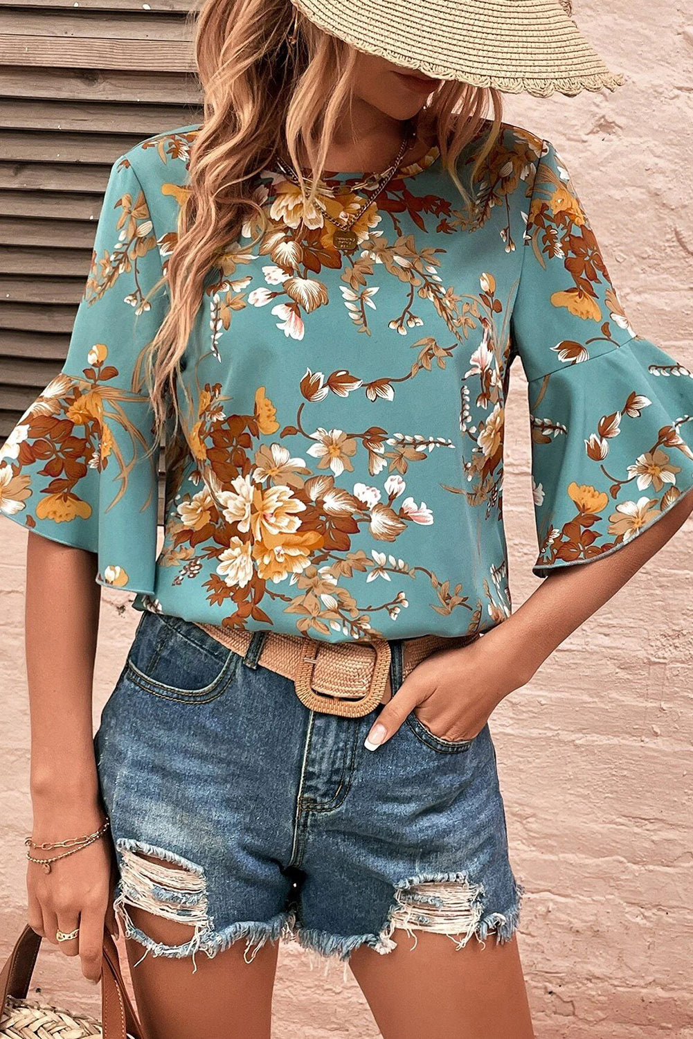 Blusa floral de manga de bengala azul mineral