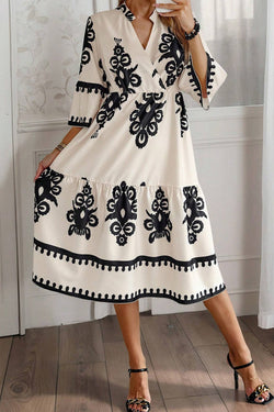 Beige loose midi dress with western geometric print and 3/4 sleeves