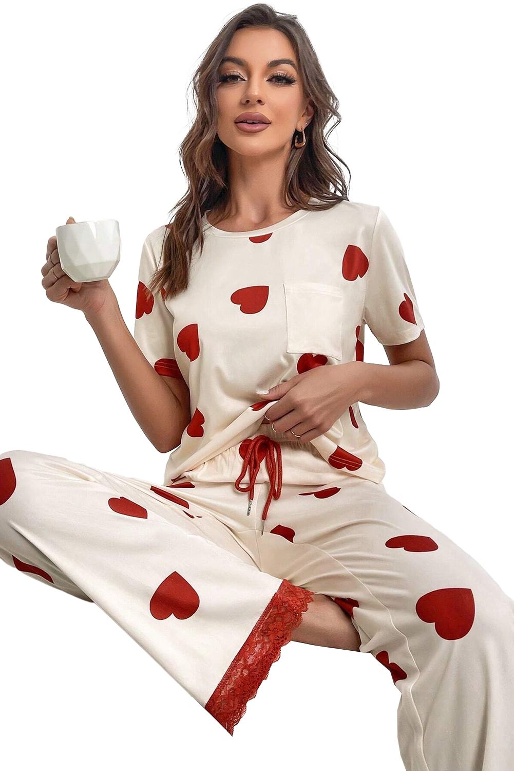 White Valentines Heart Imprimer en dentelle Hem Tee Pant