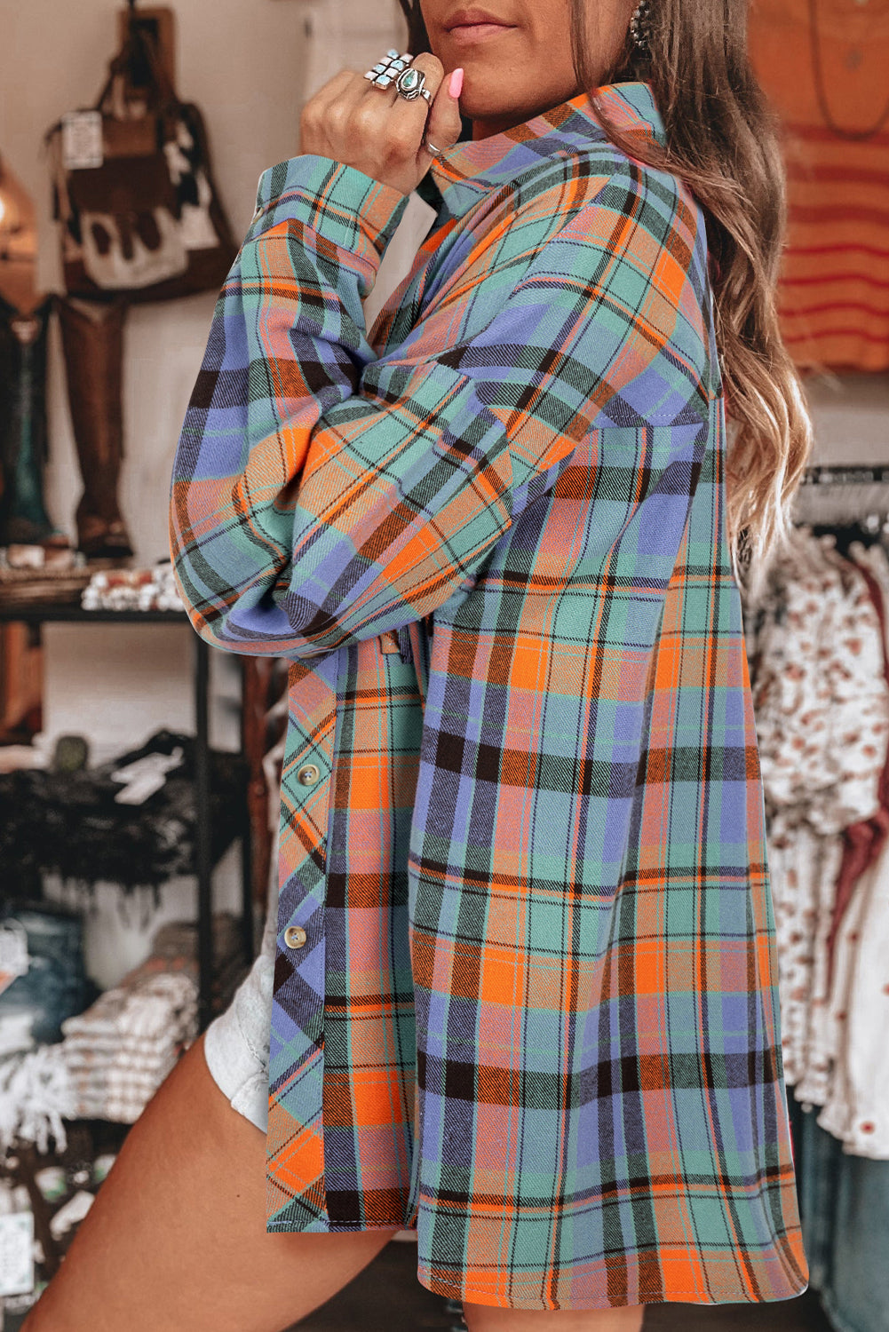 Naranja con estampado a cuadros Camisa vintage suelta