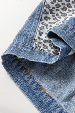 Beau Blue - Plus Size Denim Jacket with Flap Detail and Leopard Patchwork