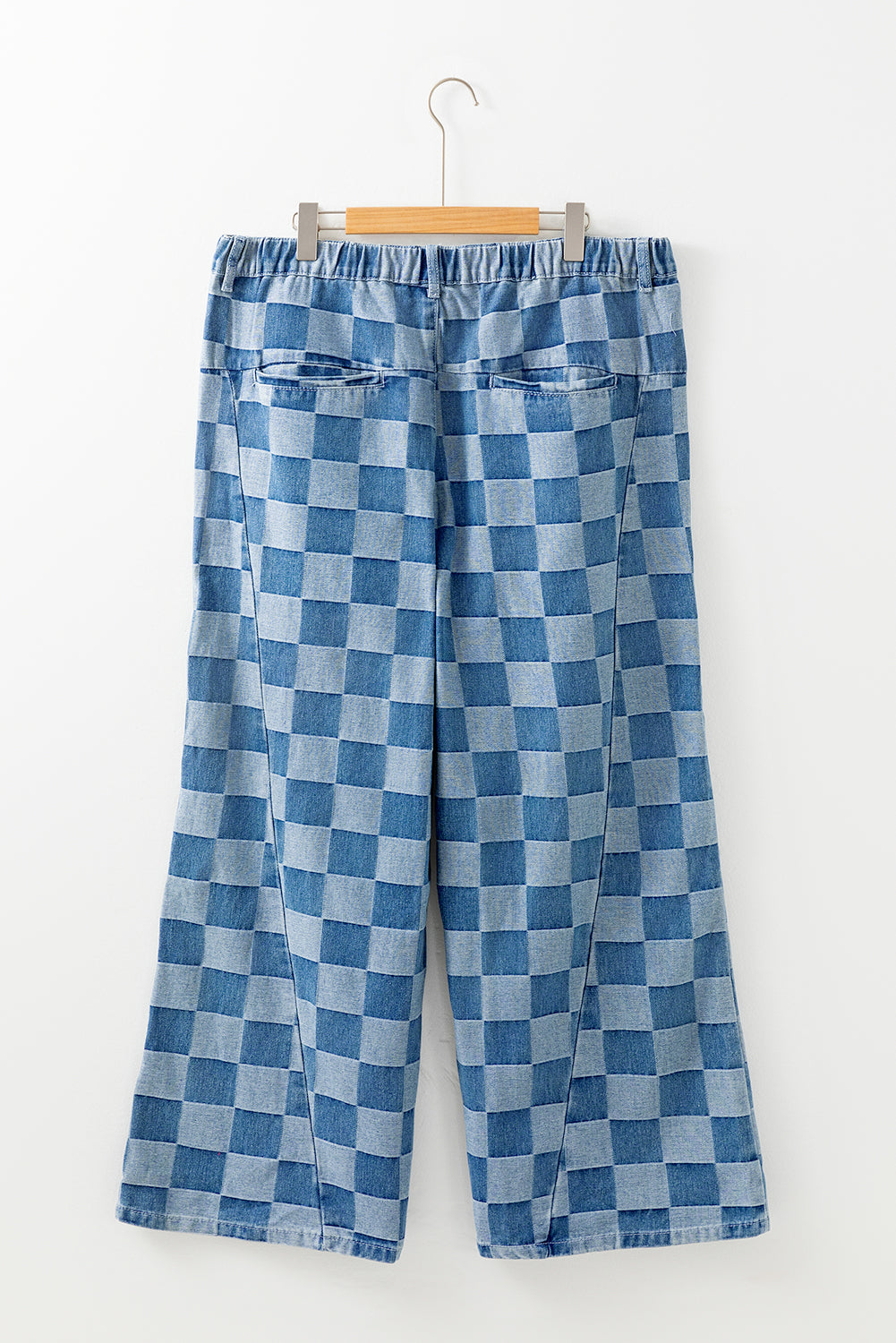 High Waisted Wide Leg Jeans with Plaid and Stitching in Dusk Blue