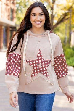 Star Pattern Drawstring Hoodie with Delicate Floral Patchwork