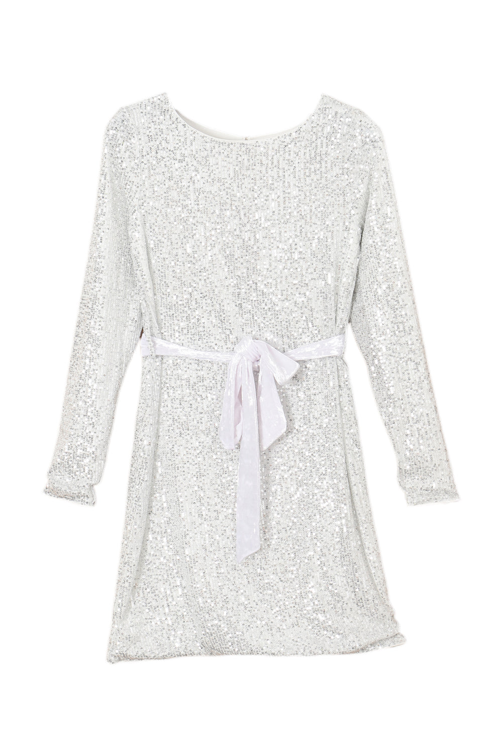 Mini-robe argentée à sequins, manches longues, nouée à la taille